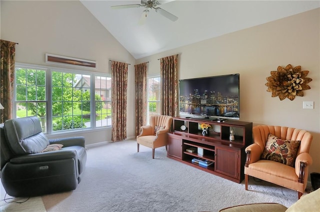 135 Linden Ct, Seven Fields Boro, PA 16046 - carpeted living room featuring high vaulted ceiling and a ceiling fan