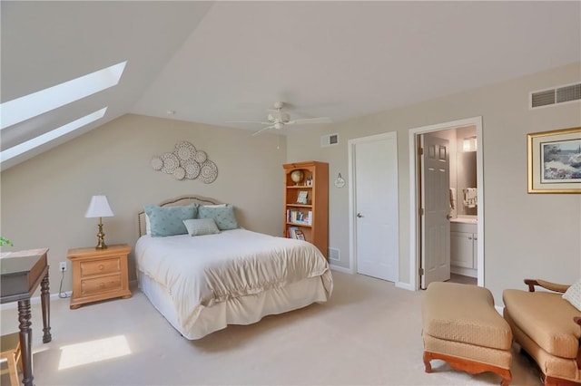 135 Linden Ct, Seven Fields Boro, PA 16046 - bedroom featuring a skylight, light colored carpet, ensuite bath, lofted ceiling, and a ceiling fan