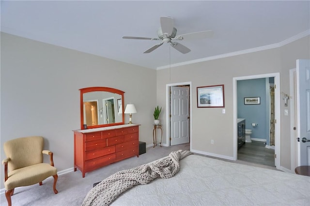 135 Linden Ct, Seven Fields Boro, PA 16046 - bedroom with light carpet, ornamental molding, connected bathroom, and a ceiling fan
