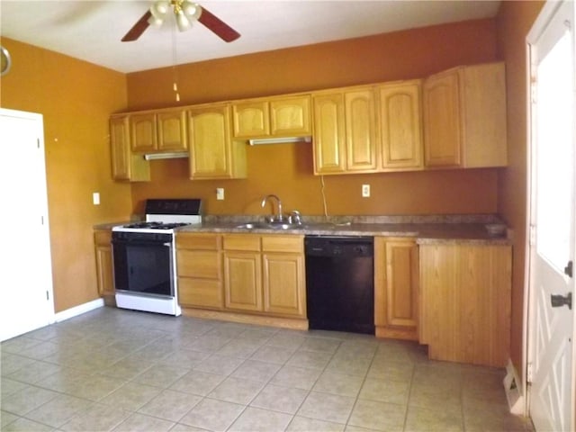 71 Watkins Ave, Donora, PA 15033 - kitchen featuring dishwasher, white gas stove, a ceiling fan, and light tile patterned floors