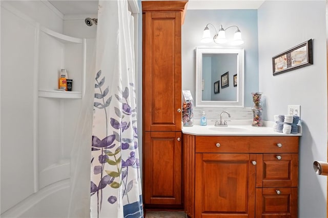 236 Fredonia Rd, Hempfield Twp Mer, PA 16125 - full bathroom featuring vanity, shower / tub combo with curtain, and backsplash