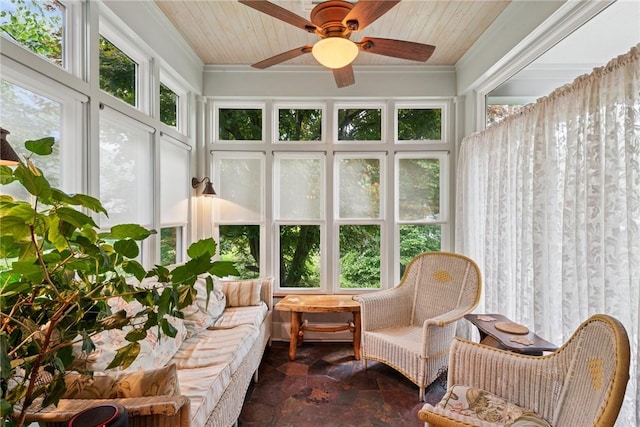 35 Pleasant Valley Rd, Hempfield Twp Wml, PA 15644 - sunroom / solarium with a ceiling fan, ornamental molding, healthy amount of natural light, stone finish floors, and wood ceiling
