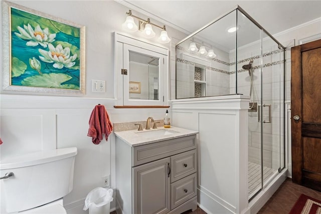 35 Pleasant Valley Rd, Hempfield Twp Wml, PA 15644 - bathroom with crown molding, a shower stall, vanity, and tile patterned floors