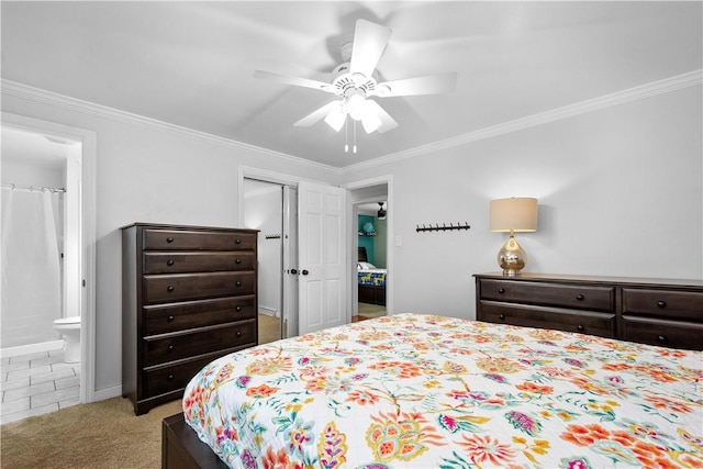 1116 Mcgovern Rd, Chartiers, PA 15342 - carpeted bedroom featuring ornamental molding, a closet, connected bathroom, a ceiling fan, and tile patterned flooring