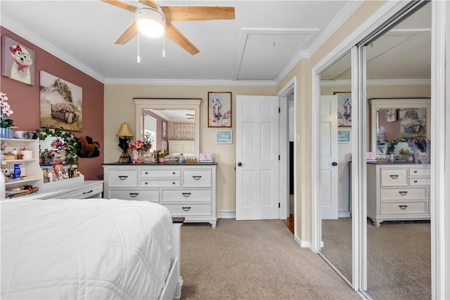 1116 Mcgovern Rd, Chartiers, PA 15342 - bedroom with attic access, light colored carpet, ornamental molding, a closet, and ceiling fan