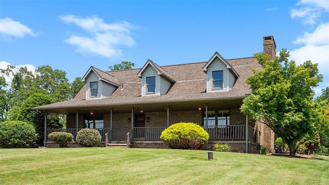 753 Bullcreek, City Of But Se, PA 16002 - cape cod house featuring brick siding, a chimney, a front yard, a porch, and roof with shingles