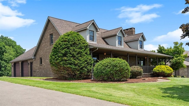 753 Bullcreek, City Of But Se, PA 16002 - view of front of home with brick siding, a chimney, a front yard, and covered porch
