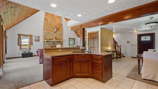 753 Bullcreek, City Of But Se, PA 16002 - kitchen with light countertops, light carpet, light tile patterned flooring, vaulted ceiling, and open floor plan