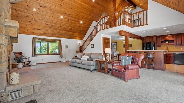 753 Bullcreek, City Of But Se, PA 16002 - living room featuring light colored carpet, wooden ceiling, stairway, high vaulted ceiling, and recessed lighting