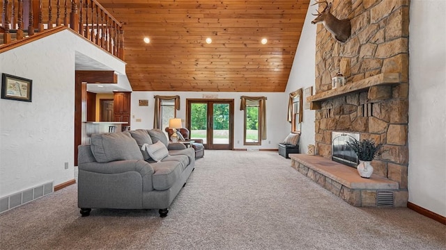 753 Bullcreek, City Of But Se, PA 16002 - carpeted living room with wood ceiling, high vaulted ceiling, a stone fireplace, stairs, and recessed lighting