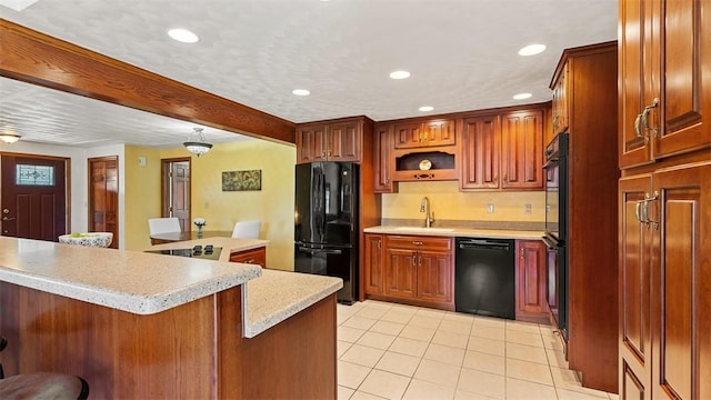 753 Bullcreek, City Of But Se, PA 16002 - kitchen with black appliances, light countertops, light tile patterned floors, a breakfast bar, and recessed lighting