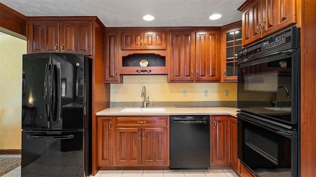 753 Bullcreek, City Of But Se, PA 16002 - kitchen featuring black appliances, light countertops, glass insert cabinets, light tile patterned floors, and recessed lighting