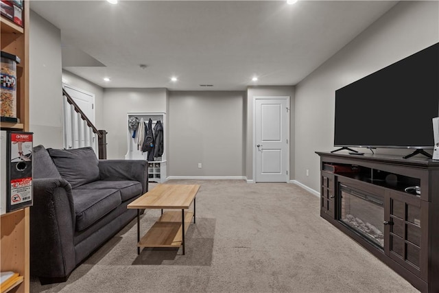 215 Saddle Ridge Dr, North Fayette, PA 15071 - living room with stairs, carpet, and recessed lighting