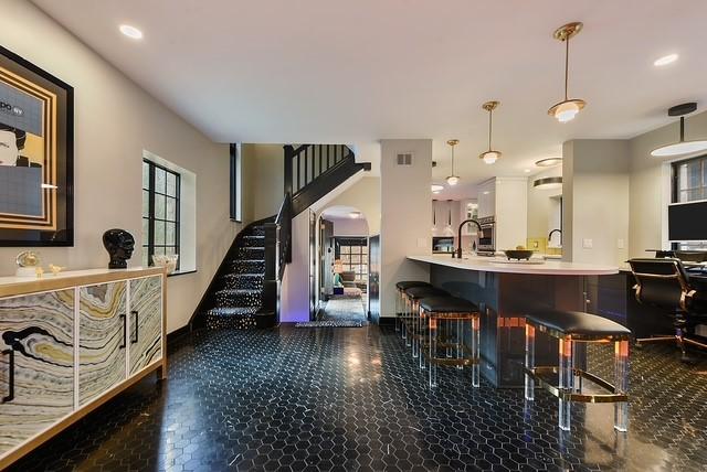 1397 Abers Creek Rd, Monroeville, PA 15146 - bar area with stairway, hanging light fixtures, arched walkways, recessed lighting, and stainless steel oven