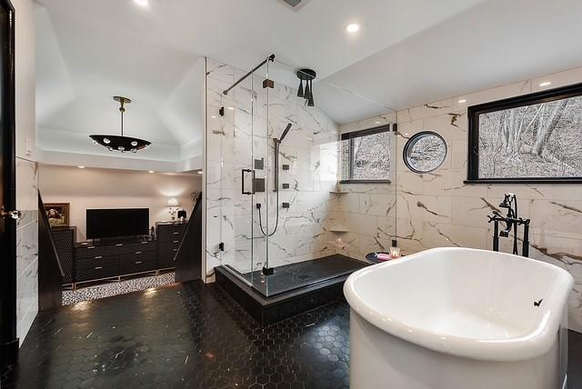 1397 Abers Creek Rd, Monroeville, PA 15146 - full bathroom featuring vaulted ceiling, a marble finish shower, a freestanding tub, and recessed lighting
