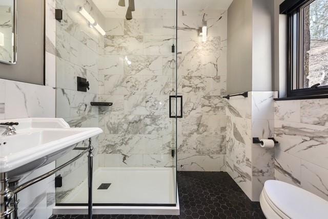 1397 Abers Creek Rd, Monroeville, PA 15146 - full bathroom featuring a marble finish shower and tile walls