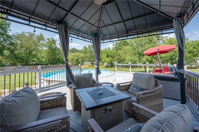 164 Seger Rd, Derry Twp, PA 15627 - view of patio / terrace with outdoor lounge area, a wooden deck, a gazebo, and view of wooded area