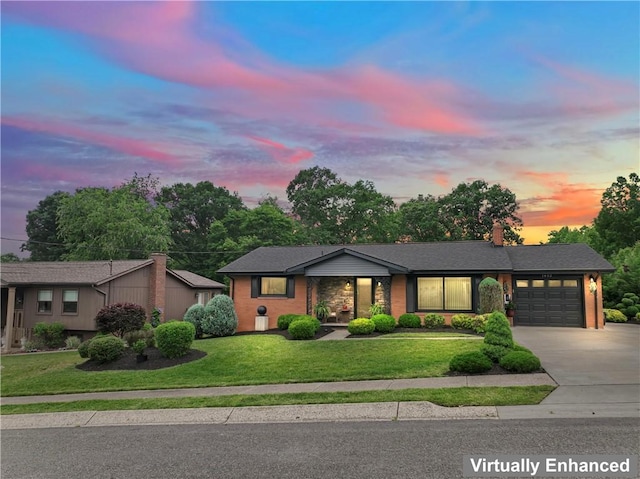 1402 Imperial Dr, Hopewell Twp Bea, PA 15001 - mid-century home featuring a garage, driveway, a front lawn, and a chimney