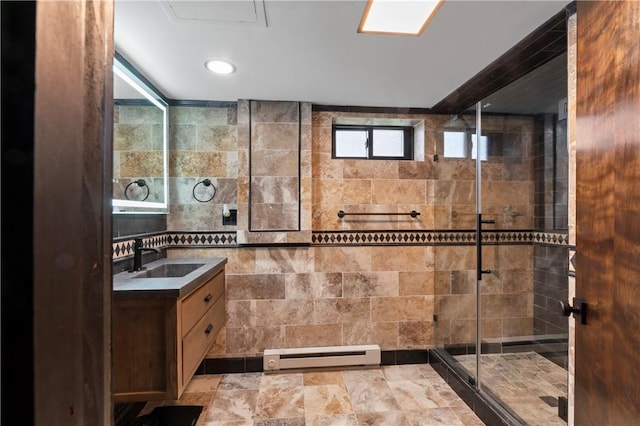 1402 Imperial Dr, Hopewell Twp Bea, PA 15001 - full bathroom featuring a baseboard radiator, vanity, and a stall shower