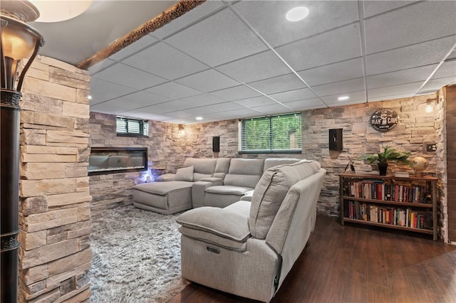 1402 Imperial Dr, Hopewell Twp Bea, PA 15001 - living room with a drop ceiling, a glass covered fireplace, hardwood / wood-style floors, and recessed lighting