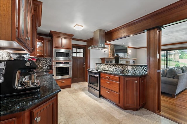 1402 Imperial Dr, Hopewell Twp Bea, PA 15001 - kitchen with appliances with stainless steel finishes, island range hood, backsplash, glass insert cabinets, and dark stone counters