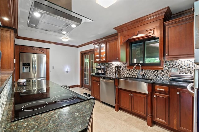 1402 Imperial Dr, Hopewell Twp Bea, PA 15001 - kitchen with stainless steel appliances, range hood, backsplash, dark stone countertops, and ornamental molding
