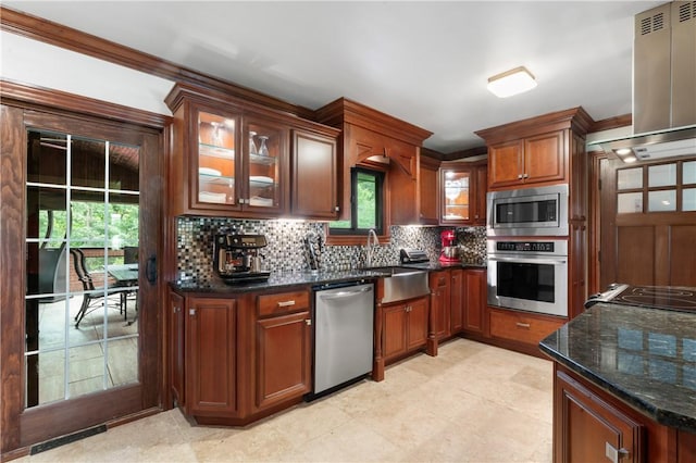 1402 Imperial Dr, Hopewell Twp Bea, PA 15001 - kitchen with stainless steel appliances, ventilation hood, decorative backsplash, dark stone countertops, and glass insert cabinets