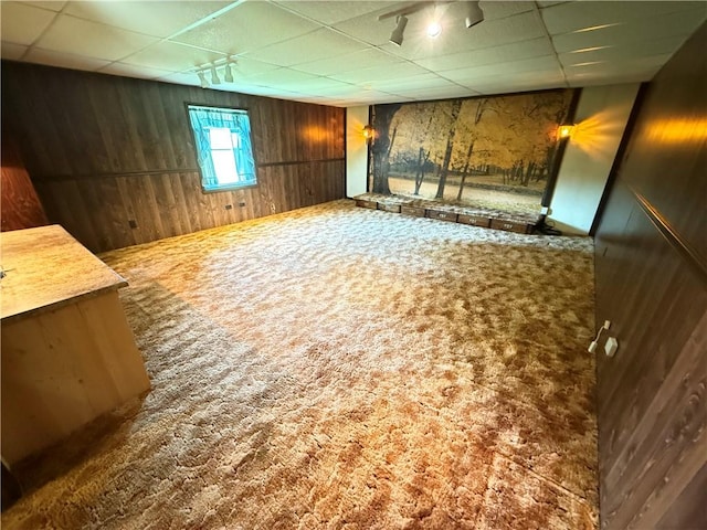 133 Hamburg Rd, Delaware Twp, PA 16154 - unfurnished living room with wood walls, a drop ceiling, and carpet flooring