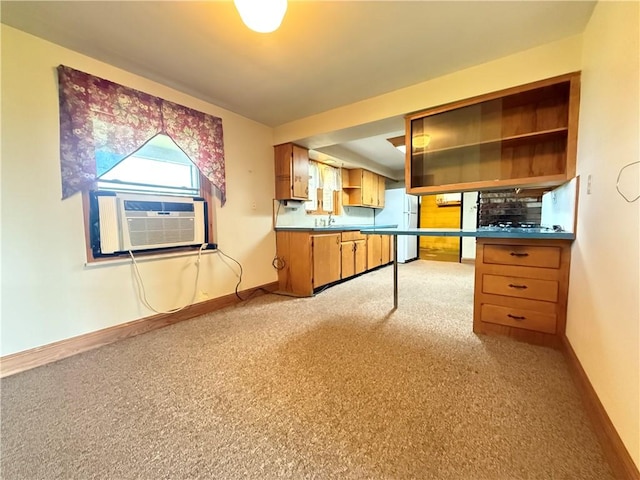133 Hamburg Rd, Delaware Twp, PA 16154 - kitchen featuring freestanding refrigerator, open shelves, cooling unit, and light colored carpet