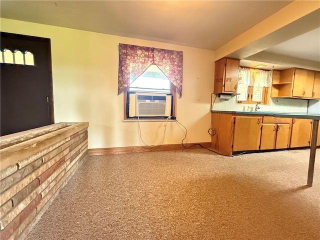 133 Hamburg Rd, Delaware Twp, PA 16154 - kitchen featuring cooling unit, dark countertops, open shelves, and brown cabinets