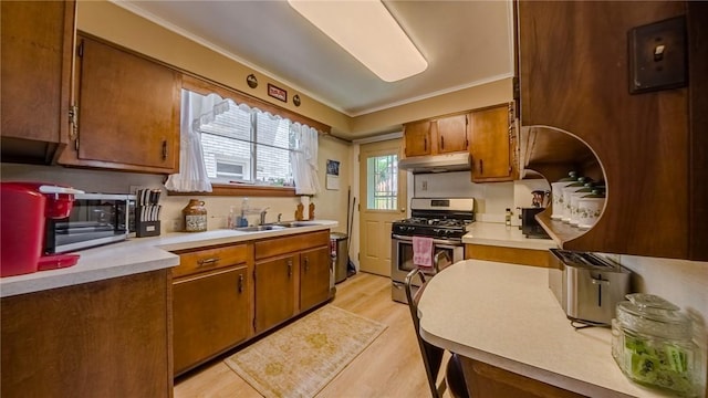 426 Saint Joseph St, Mount Oliver, PA 15210 - kitchen with under cabinet range hood, stainless steel appliances, light countertops, crown molding, and light wood finished floors