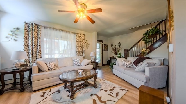 426 Saint Joseph St, Mount Oliver, PA 15210 - living area with ceiling fan, stairs, wood finished floors, and baseboard heating