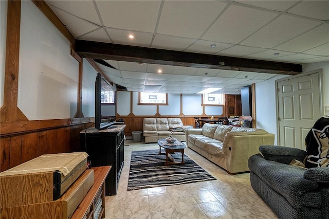 214 Labash Ln, Rostraver, PA 15012 - living room with a paneled ceiling, recessed lighting, wooden walls, healthy amount of natural light, and wainscoting