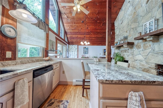 214 Labash Ln, Rostraver, PA 15012 - kitchen featuring light wood-style floors, high vaulted ceiling, dishwasher, ceiling fan, and a baseboard heating unit