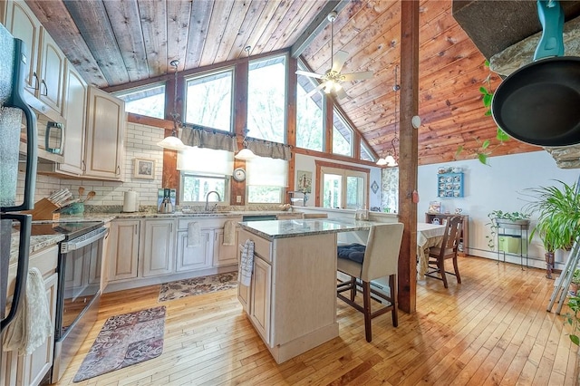214 Labash Ln, Rostraver, PA 15012 - kitchen with stainless steel appliances, light wood-type flooring, a kitchen breakfast bar, a wood ceiling with exposed beams, and a baseboard radiator