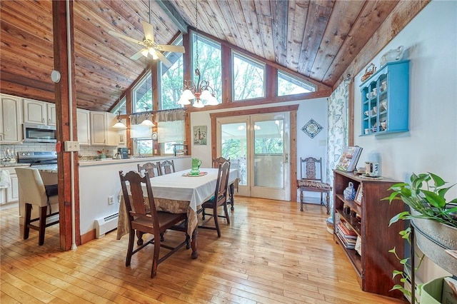 214 Labash Ln, Rostraver, PA 15012 - dining room with a wood ceiling with exposed beams, light wood-type flooring, a chandelier, high vaulted ceiling, and a baseboard heating unit