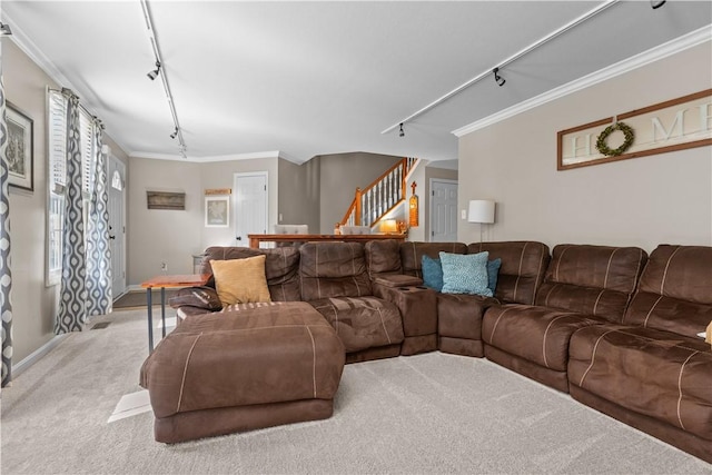 102 Castle View Dr, Kennedy Twp, PA 15136 - living area with rail lighting, carpet, crown molding, and stairs