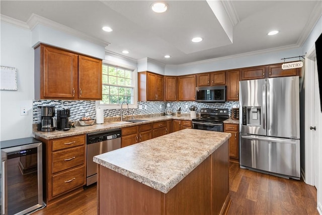 102 Castle View Dr, Kennedy Twp, PA 15136 - kitchen featuring appliances with stainless steel finishes, beverage cooler, dark wood-style flooring, ornamental molding, and brown cabinets