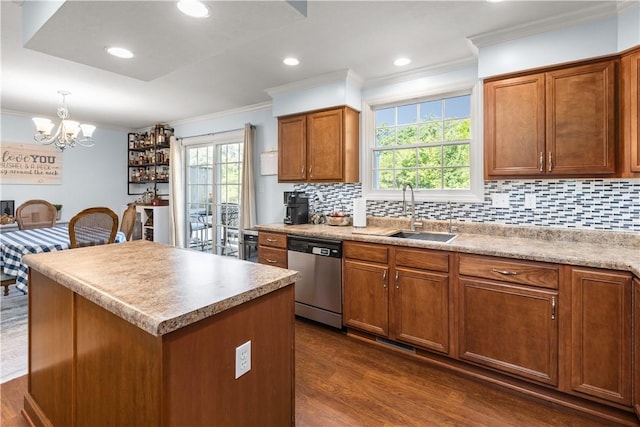 102 Castle View Dr, Kennedy Twp, PA 15136 - kitchen featuring dishwasher, crown molding, dark wood-style flooring, backsplash, and recessed lighting
