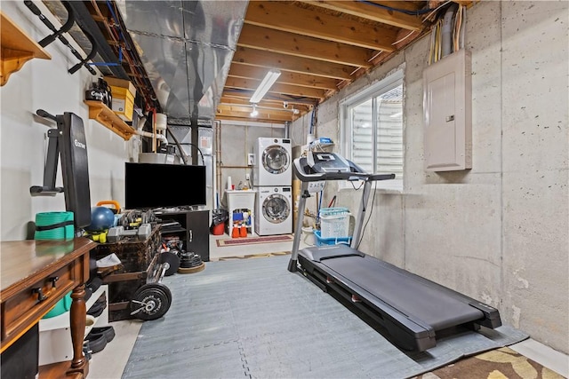 102 Castle View Dr, Kennedy Twp, PA 15136 - exercise area with stacked washer / dryer and electric panel