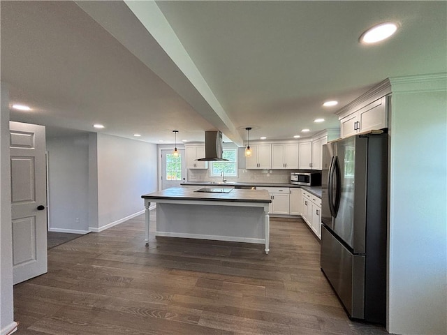 324 Hoover St, Saint Clair Twp, PA 15954 - kitchen with stainless steel appliances, wall chimney exhaust hood, recessed lighting, white cabinetry, and dark wood-style floors