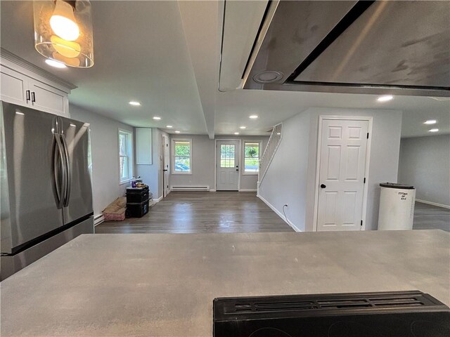 324 Hoover St, Saint Clair Twp, PA 15954 - kitchen featuring freestanding refrigerator, a baseboard radiator, recessed lighting, white cabinetry, and wood finished floors