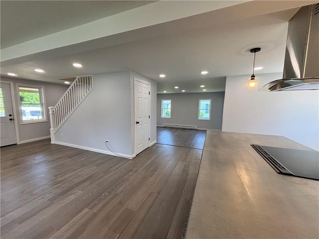 324 Hoover St, Saint Clair Twp, PA 15954 - unfurnished living room with dark wood-style floors, stairway, recessed lighting, and a baseboard radiator