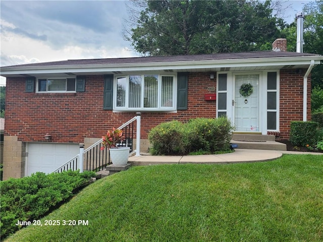 3381 Columbia Dr, Castle Shannon, PA 15234 - ranch-style home featuring a front lawn, brick siding, a chimney, and a garage