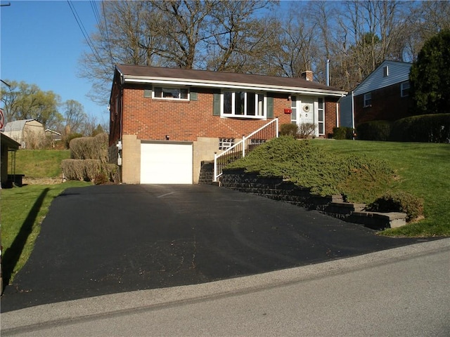 3381 Columbia Dr, Castle Shannon, PA 15234 - single story home with asphalt driveway, brick siding, an attached garage, a front yard, and a chimney
