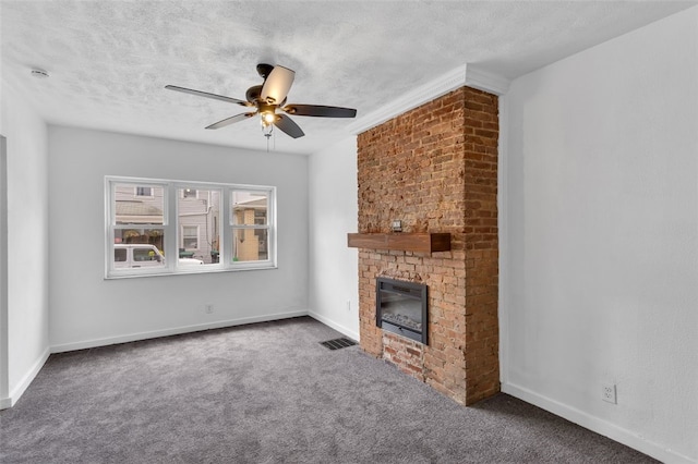 16 4th St, Sharpsburg, PA 15215 - unfurnished living room with a ceiling fan, carpet flooring, a textured ceiling, and a fireplace