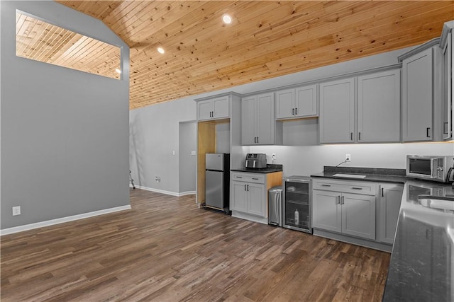 207 Linden Rd, North Strabane, PA 15317 - kitchen featuring wood ceiling, stainless steel appliances, gray cabinetry, wine cooler, and dark countertops