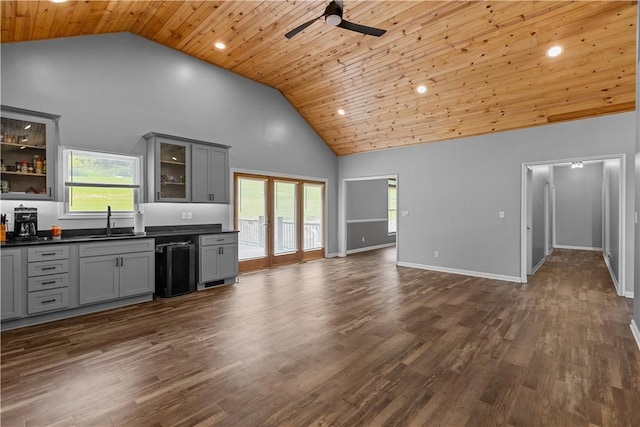 207 Linden Rd, North Strabane, PA 15317 - unfurnished living room with high vaulted ceiling, ceiling fan, dark wood finished floors, plenty of natural light, and wood ceiling