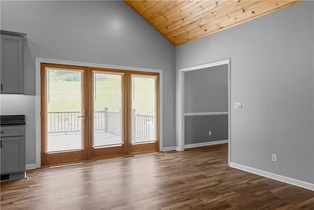 207 Linden Rd, North Strabane, PA 15317 - doorway to outside featuring dark wood finished floors, french doors, wood ceiling, and high vaulted ceiling