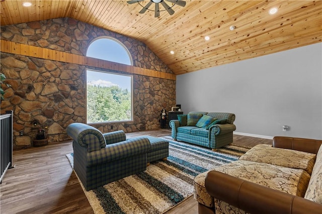 207 Linden Rd, North Strabane, PA 15317 - living area featuring a ceiling fan, wooden ceiling, plenty of natural light, high vaulted ceiling, and wood finished floors